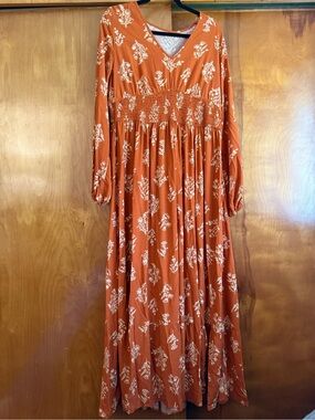 Cupshe Rust Orange Floral V-Neck Maxi Dress